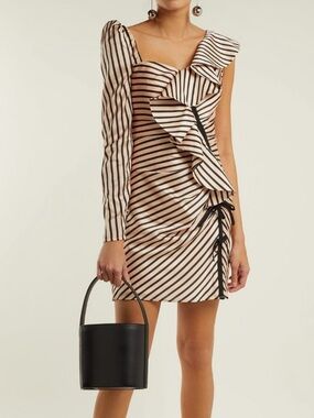 NWT Self-Portrait Pink and Black One-Shoulder Striped Ruffle Dress